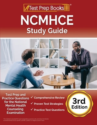 Paperback NCMHCE Study Guide by Test Prep Books with practice questions and test prep content for mental health counseling exam.