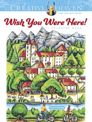 Paperback Creative Haven Wish You Were Here! Coloring Book by Dover Publications featuring colorful cover art and intricate designs.