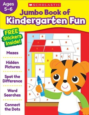 Jumbo Kindergarten Fun Workbook paperback by Scholastic Teaching Resources with colorful pages for early learning activities.