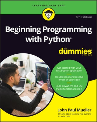 Paperback book titled Beginning Programming with Python for Dummies by For Dummies, featuring a colorful cover with coding graphics.