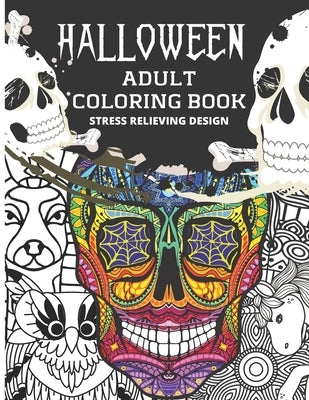 Adult Halloween coloring book with intricate sugar skull, unicorn, tribal, calavera, and Egyptian designs on a paperback.