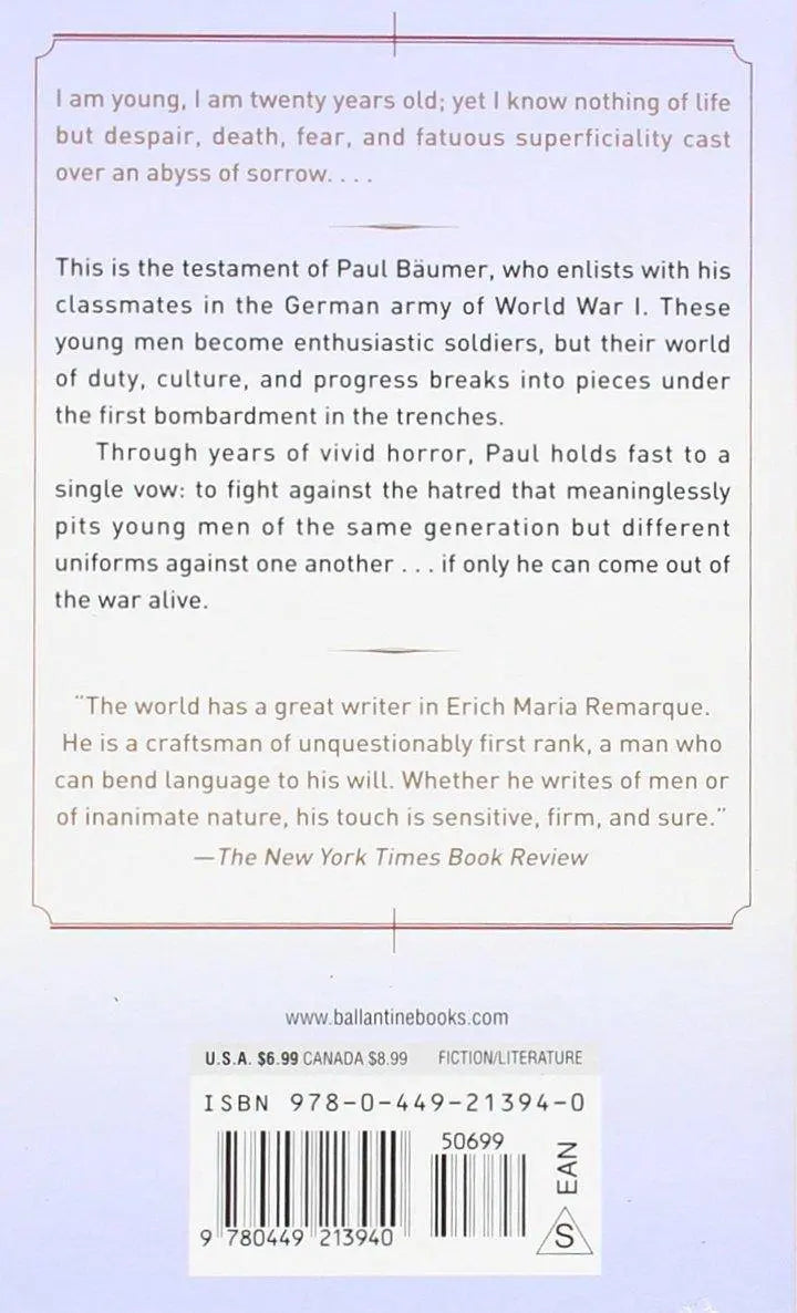 Cover of Erich Maria Remarque's fiction novel "All Quiet on the Western Front" featuring wartime imagery and a somber tone.