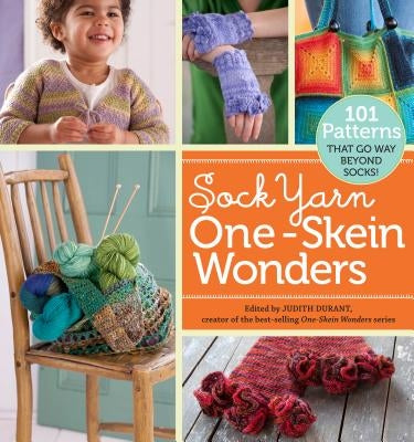 Paperback book titled "Sock Yarn One-Skein Wonders" showing colorful sock yarn patterns on the cover.