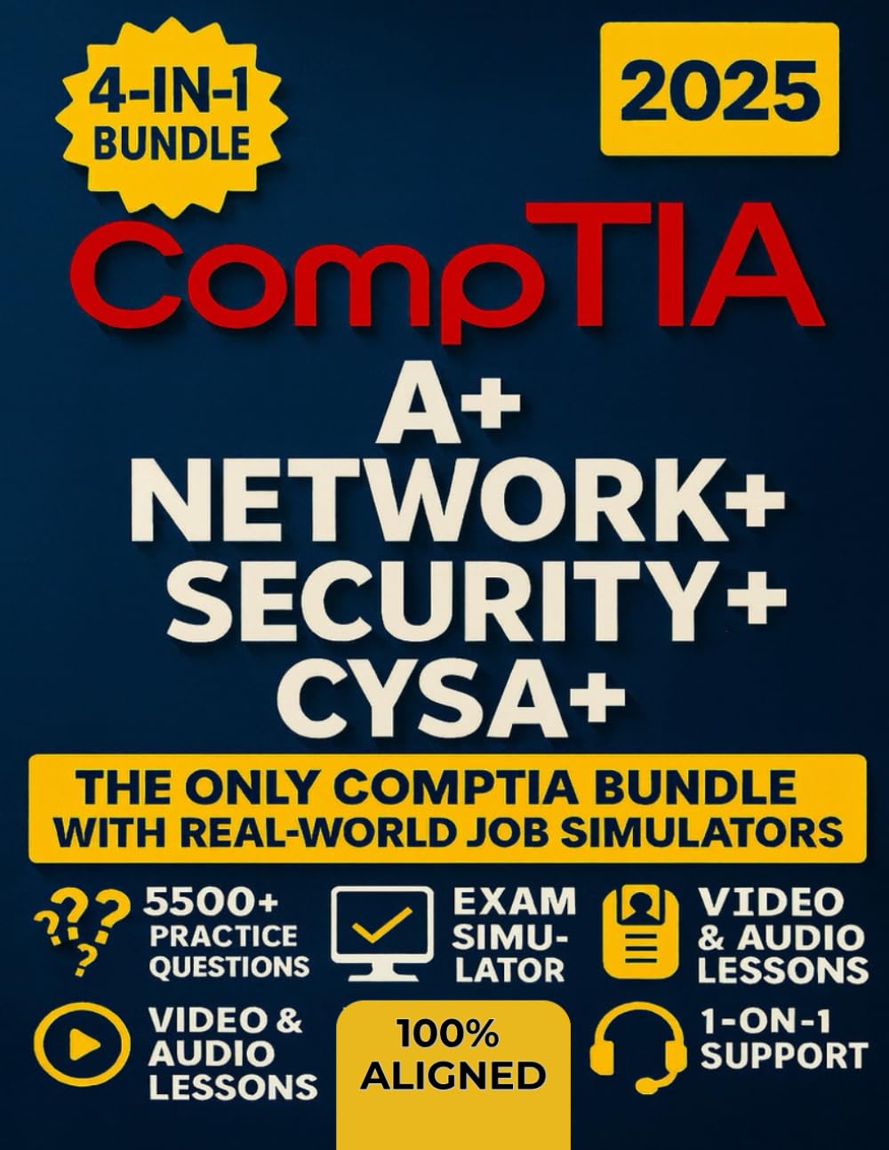 CompTIA A+, Network+, Security+ & CySA+ exam prep book by SureShot Books, showing the cover with colorful design and title details.