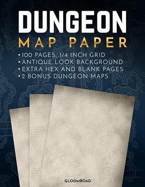 Dungeon map paper with textured old parchment look, 100 pages, 1/4 inch grid for RPG map making and campaign planning.