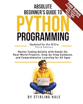 Book cover for "Absolute Beginner's Guide to Python Programming" by SureShot Books, featuring colorful Python code visuals.