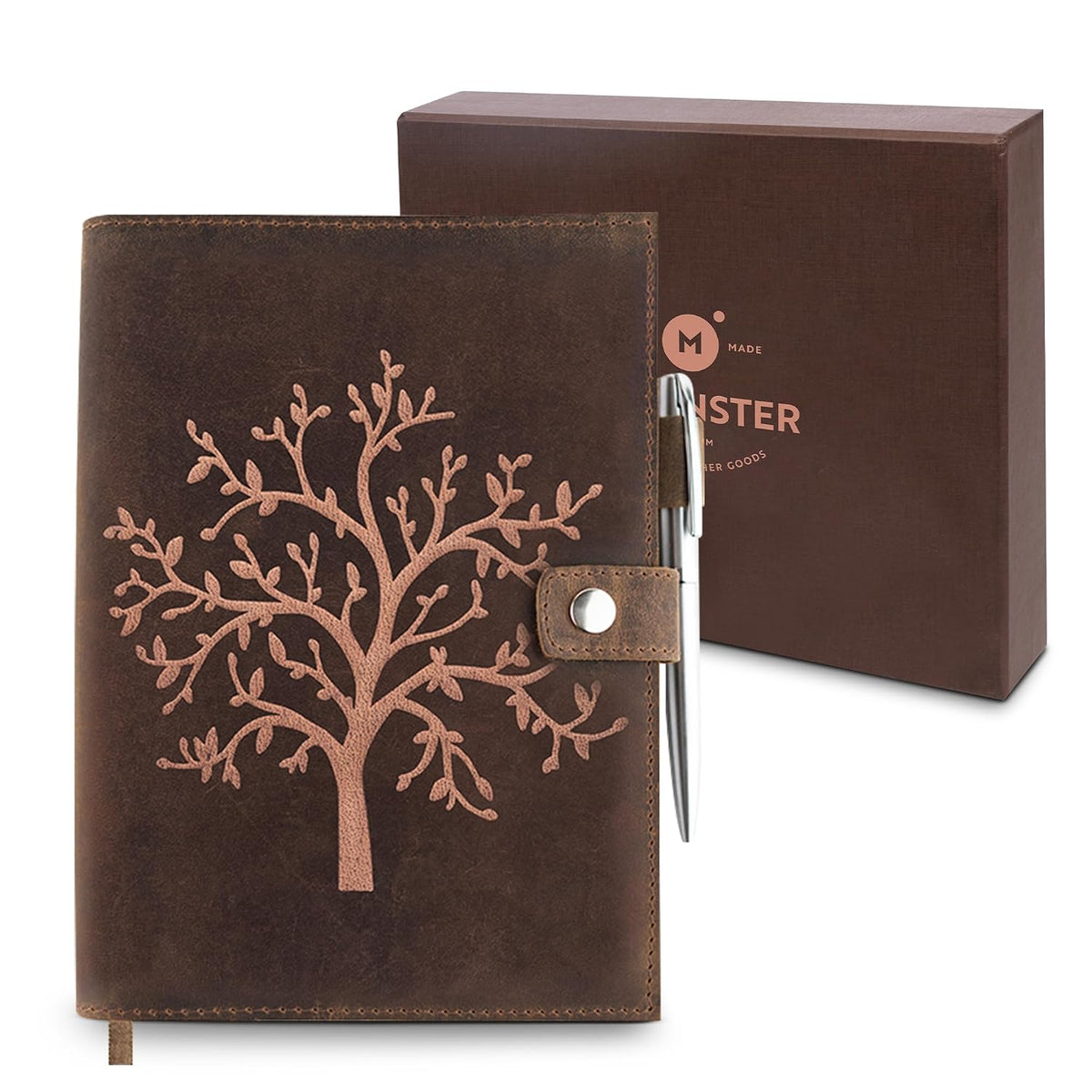 Moonster refillable genuine leather journal with embossed Tree of Life, lined A5 notebook, pen holder, and pen