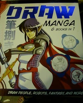Illustration of manga characters from SureShot Books' Draw Manga series, featuring shonen, shojo, action, robots, and fantasy themes.
