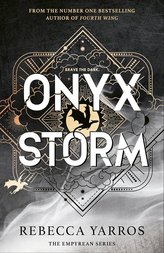 Onyx Storm book cover, follow-up to Fourth Wing and Iron Flame by SureShot Books Publishing LLC