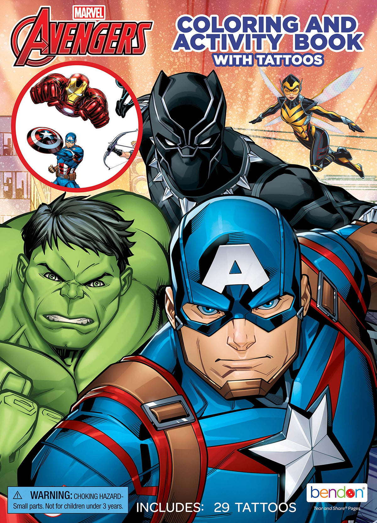 Avengers coloring and activity book with tattoos by SureShot Books, featuring Marvel superhero characters for kids to color and enjoy.