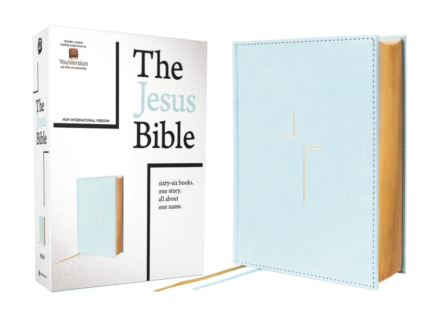Blue leather-soft NIV Bible by Zondervan with comfort print, featuring the Jesus Bible design and durable over-board cover.