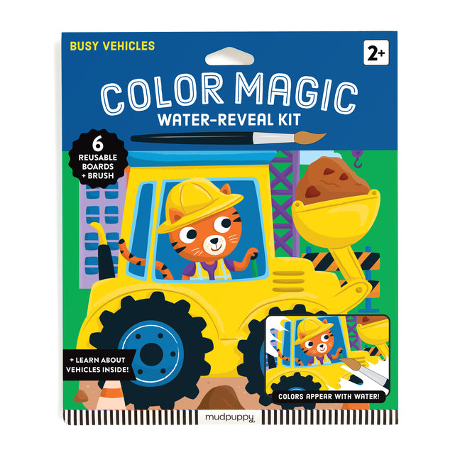 Galison Busy Vehicles Color Magic Water-Reveal Kit paperback book with vibrant vehicle illustrations on the cover.