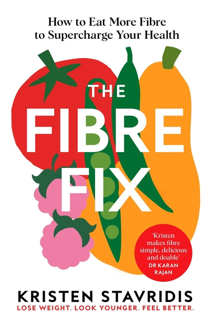 Paperback book titled "The Fibre Fix: How to Eat More Fibre to Supercharge Your Health" by Bluebird, featuring a colorful cover design.