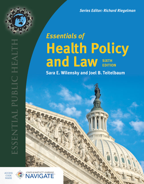 Paperback copy of "Essentials of Health Policy and Law" by Jones & Bartlett Publishers, showing the book cover with title and author.