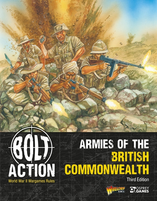 Paperback book titled "Bolt Action: Armies of the British Commonwealth, Third Edition" by Osprey Games, featuring military illustrations.