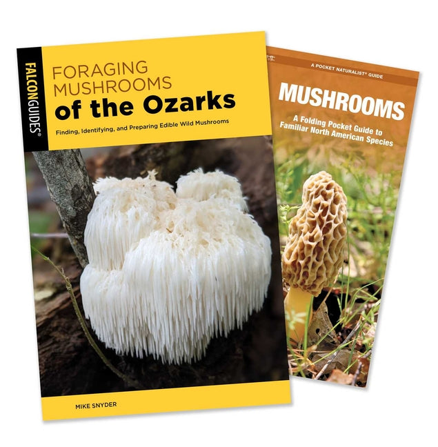 Paperback foraging mushroom guidebook and pocket guide bundle by Falcon Press Publishing for identifying edible wild mushrooms.