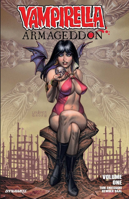 Paperback of Vampirella Vol. 1: Armageddon by Dynamite Entertainment featuring the cover art with Vampirella in a dramatic pose.
