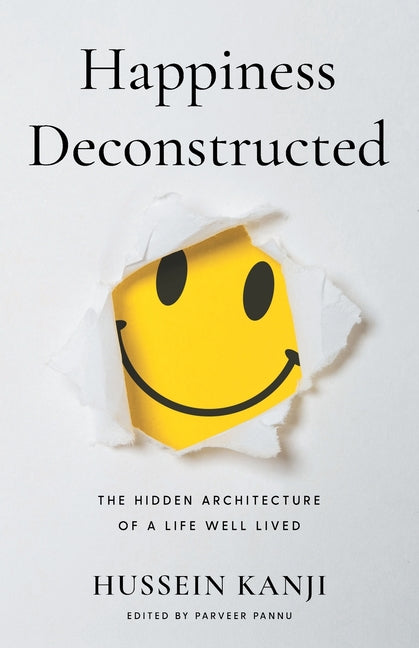 Paperback book titled "Happiness Deconstructed" by Houndstooth Press, showing the front cover with colorful design elements.