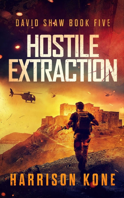 Paperback book titled "Hostile Extraction" by Severn River Publishing, featuring a cover with dark, intense imagery.