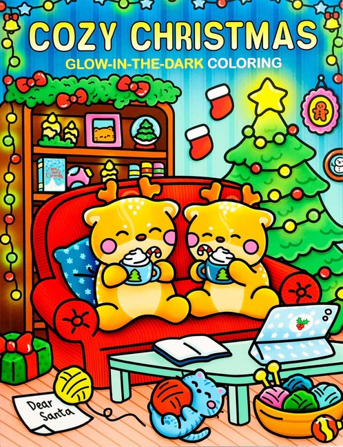 Cozy Christmas glow-in-the-dark coloring book by Thunder Bay Press, featuring festive holiday-themed pages in a paperback format.