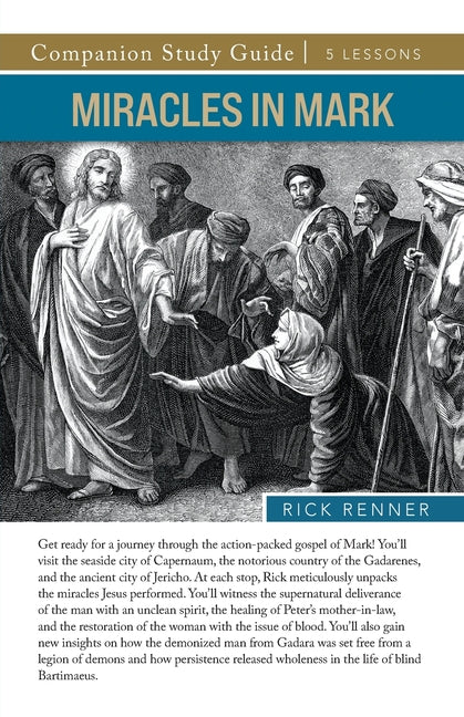 Paperback study guide titled "Miracles in Mark" by Harrison House, with a close-up of the book cover featuring text and design.