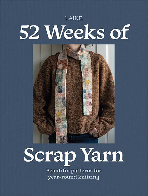 Paperback book titled "52 Weeks of Scrap Yarn" by Hardie Grant Books, featuring colorful knitting patterns on the cover.