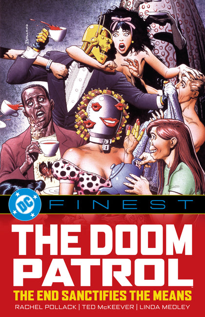 Paperback comic book titled "Doom Patrol: The End Sanctifies the Means" by DC Comics, featuring cover art with superhero characters.