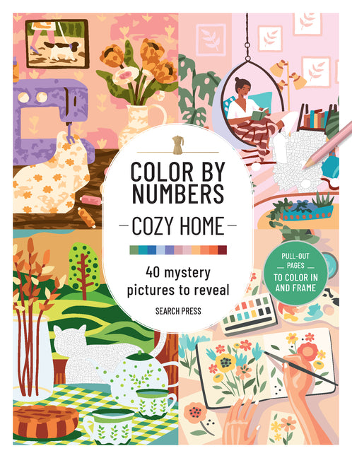 Paperback book titled "Cbn: Cozy Home: 40 Mystery Pictures to Reveal" by Search Press, featuring a colorful cover design.