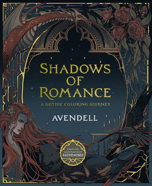 Gothic-themed paperback coloring book titled Shadows of Romance with intricate black-and-white illustrations on the cover.