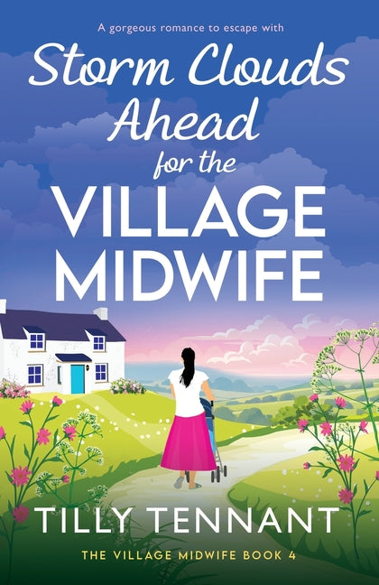 Paperback novel "Storm Clouds Ahead for the Village Midwife" by Bookouture featuring a romantic cover with stormy sky and village scene.