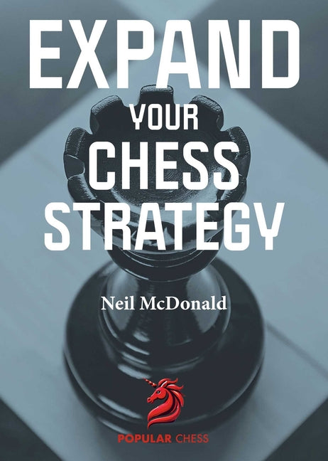 Paperback book titled "Expand Your Chess Strategy" by Popular Chess, showing the cover with chessboard graphics.