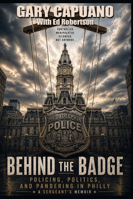 Paperback of "Behind the Badge" by Black Pawn Press, featuring a cover with bold text and graphic design elements.