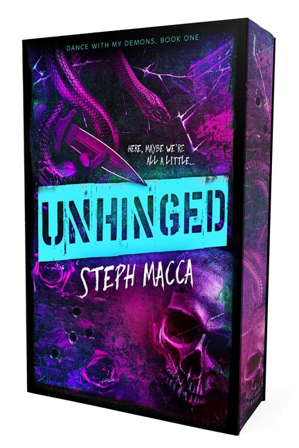 Paperback copy of "Unhinged" by Page & Vine, featuring the book's cover with bold title and graphic design elements.