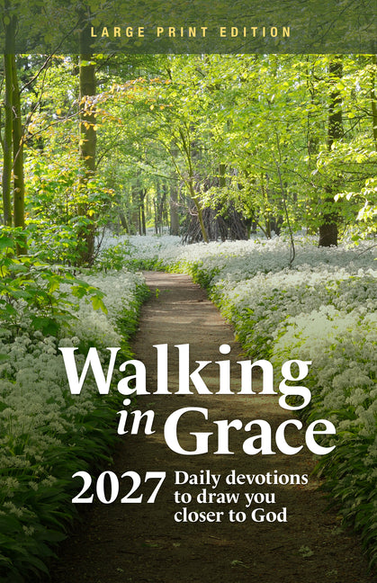 Paperback of "Walking in Grace 2027 Large Print" daily devotions by Guideposts, featuring a close-up of the book cover.