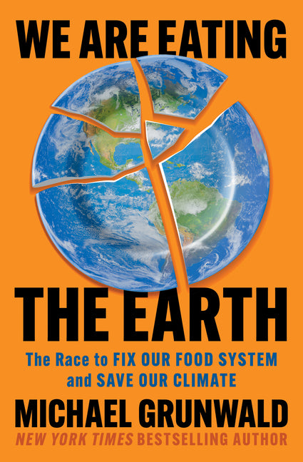 Paperback book titled "We Are Eating the Earth" by Simon & Schuster, featuring a cover with earth and food imagery.