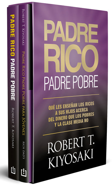Paperback Rich Dad Poor Dad box set by Debolsillo includes editions for adults and young readers, featuring the books' covers.