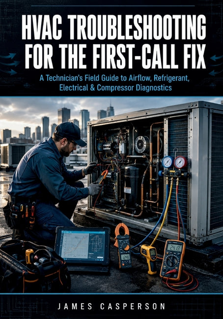 Paperback HVAC troubleshooting guide by Independently Published showing diagnostic diagrams and airflow, refrigerant, electrical, and compressor tips.