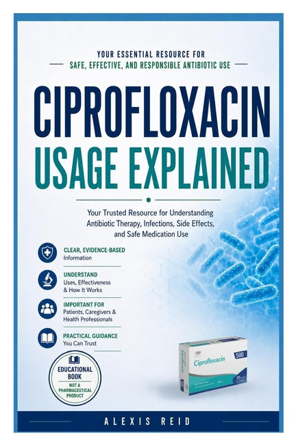 Paperback book titled "Ciprofloxacin Usage Explained" by Independently Published, featuring a cover with medical illustrations.