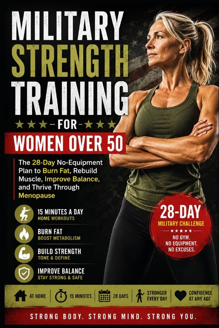 Paperback book titled "Military Calisthenics for Women Over 50," focusing on 28-day no-equipment home fitness program to burn fat and build strength.