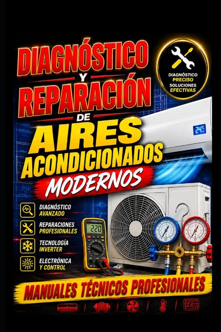 Paperback book titled "Diagnóstico y Reparación de Aires Acondicionados Modernos" with a professional technical manual cover.