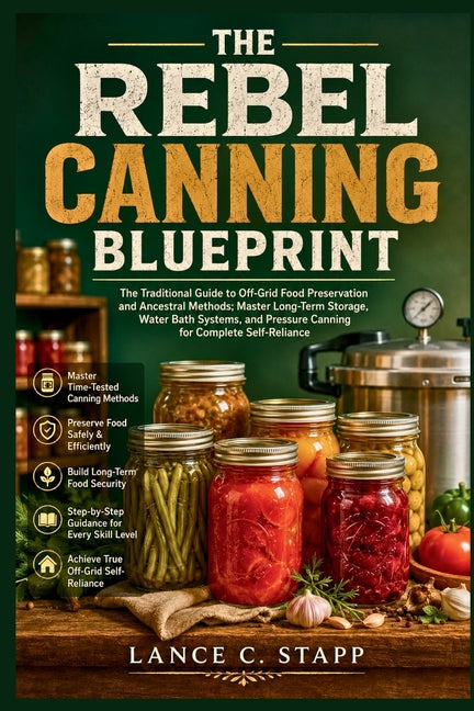 Paperback book titled The Rebel Canning Blueprint, featuring traditional off-grid food preservation and water bath methods.