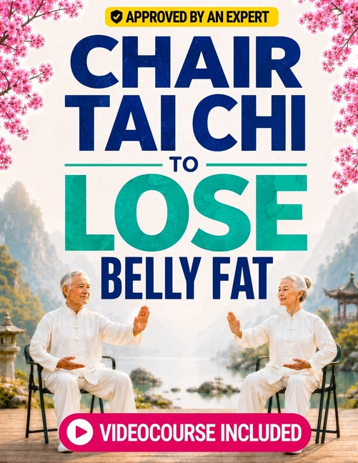 Paperback book titled "Chair Tai Chi to Lose Belly Fat" showing a seated routine for waist shaping, mobility, and energy boost.