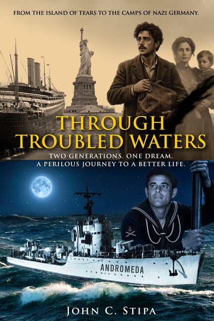Paperback book titled "Through Troubled Waters" by Independently Published, featuring a cover with ocean imagery and a journey theme.