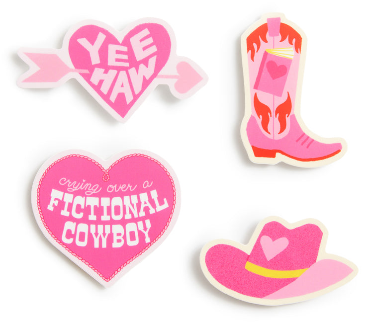 Set of four fictional cowboy stickers on a paperback book by Out of Print Clothing, featuring colorful western-themed designs.