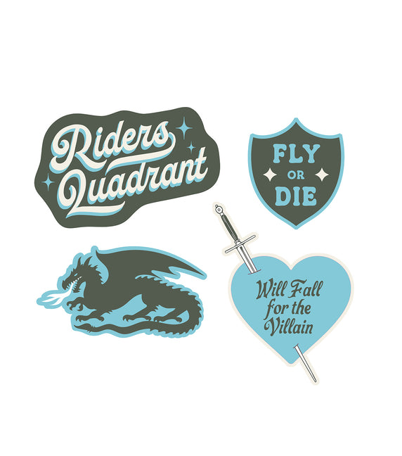 Set of four Fourth Wing: Fly or Die stickers from Rebecca Yarros's paperback book, featuring vibrant, themed designs.