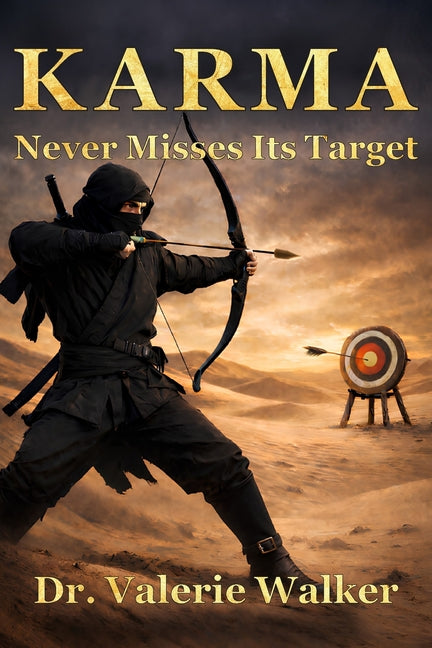 Paperback book titled "Karma Never Misses Its Target" by Dr. Valerie Walker, featuring a cover with a calm, contemplative design.