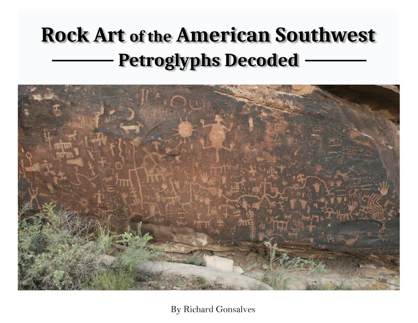 Paperback book titled "Rock Art of the American Southwest: Petroglyphs Decoded" with cover art showcasing ancient petroglyphs.
