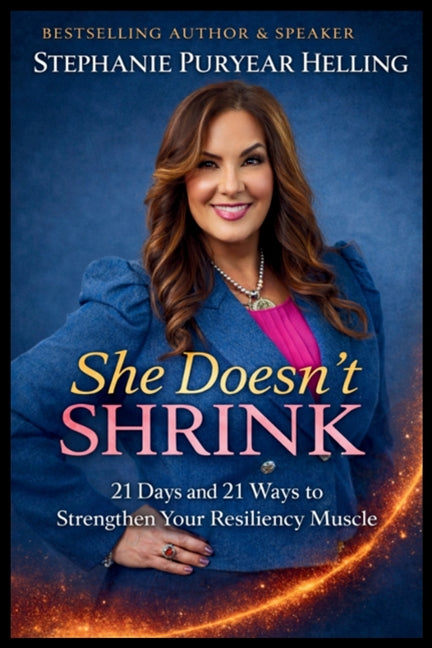 Paperback book titled "She Doesn't Shrink" by Stephanie Puryear Helling, featuring a colorful cover design.
