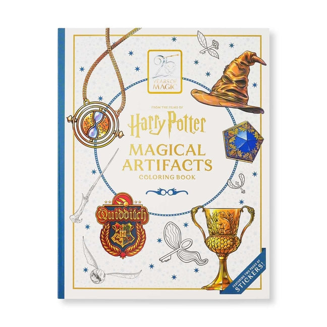Paperback Harry Potter Magical Artifacts Coloring Book by Insight Editions with colorful pages featuring wizarding world artifacts.