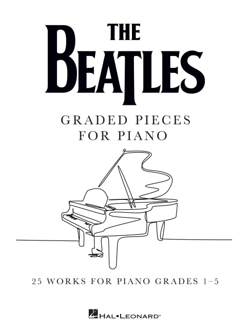Paperback of The Beatles graded piano pieces by Hal Leonard, featuring 25 works for piano Grades 1-5, with sheet music pages visible.